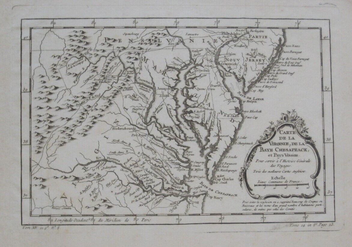 Original 1757 Bellin Map VIRGINIA DELAWARE MARYLAND Chesapeake Bay Richmond