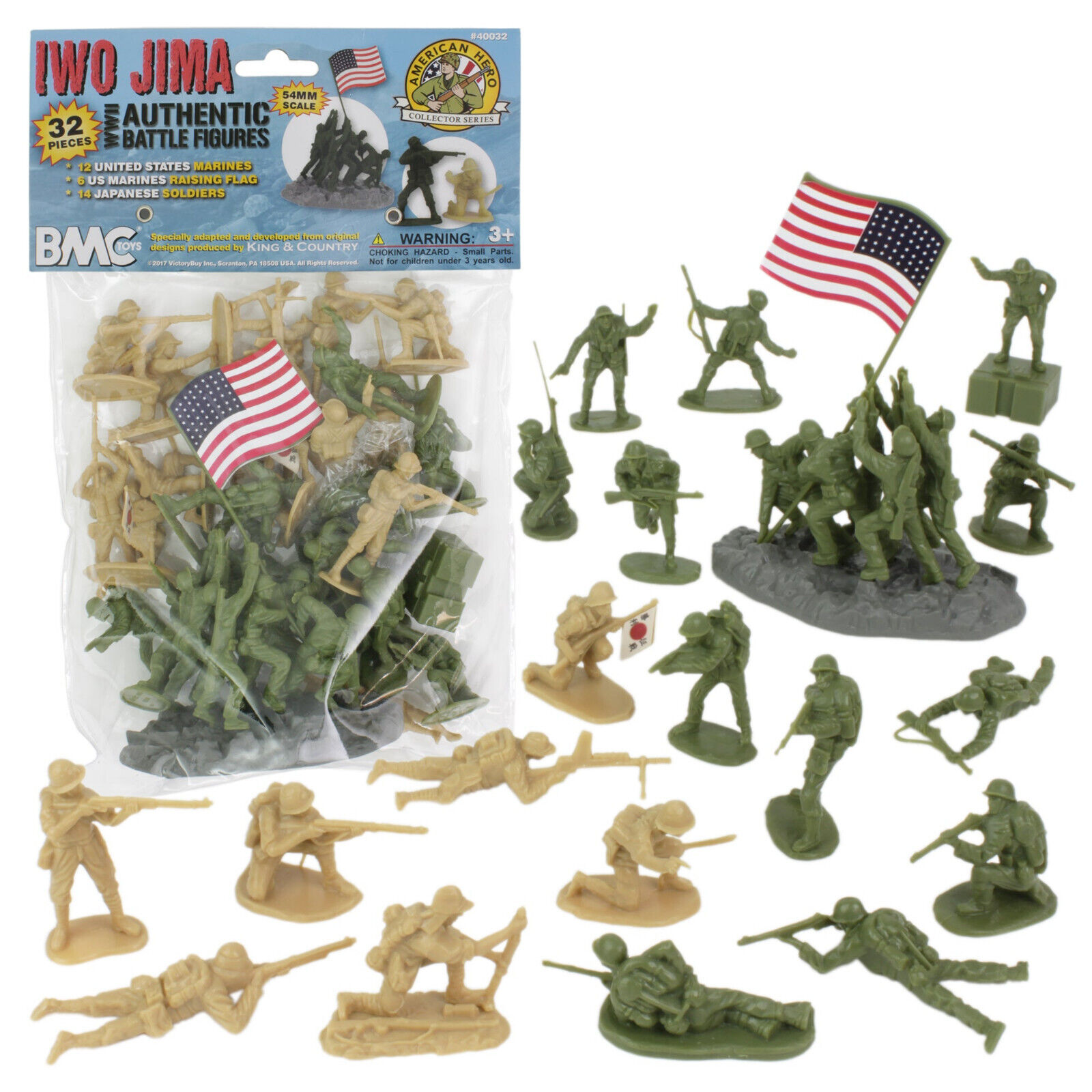 BMC 40032 Iwo Jima 54mm  olive US vs tan Japanese 32 Toy Soldiers flag raising