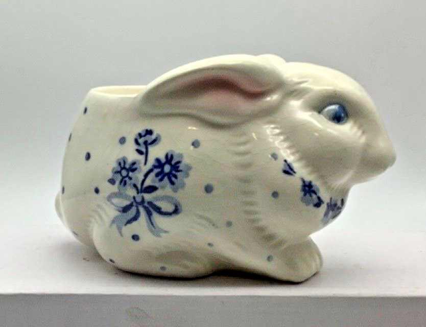 Vintage Ceramic Bunny Rabbit Planter Easter Hand Painted,  Blue Flowers  Brazil