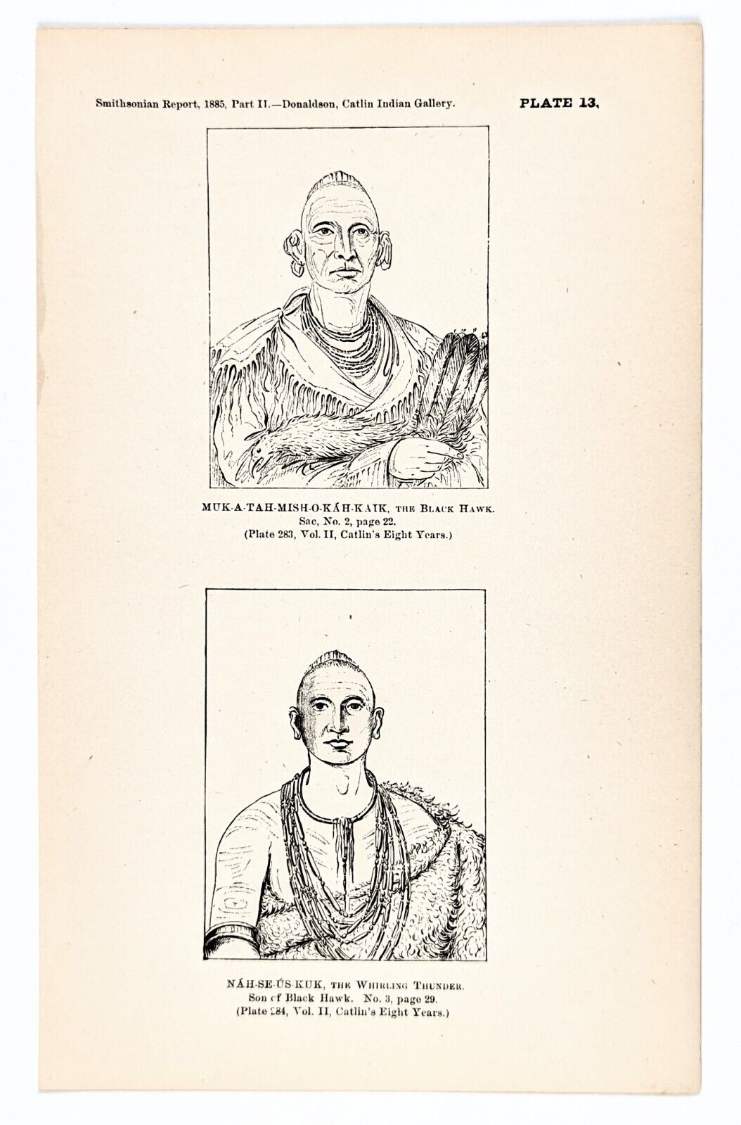 ANTIQUE 1885 Sauk Indian Blackhawk Indians Engraving Catlin Native American