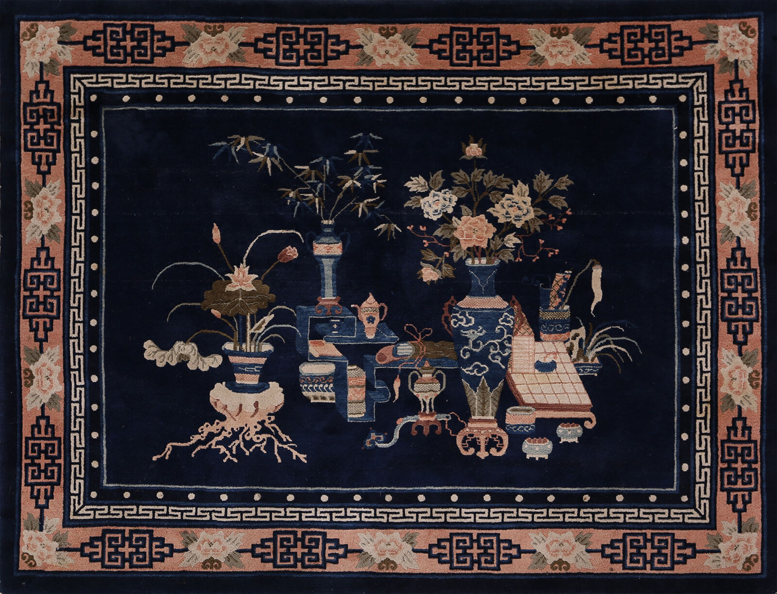 Navy Blue Pictorial Art Deco Chinese Rug 5x7 Wool Hand-knotted Dining Room Rug