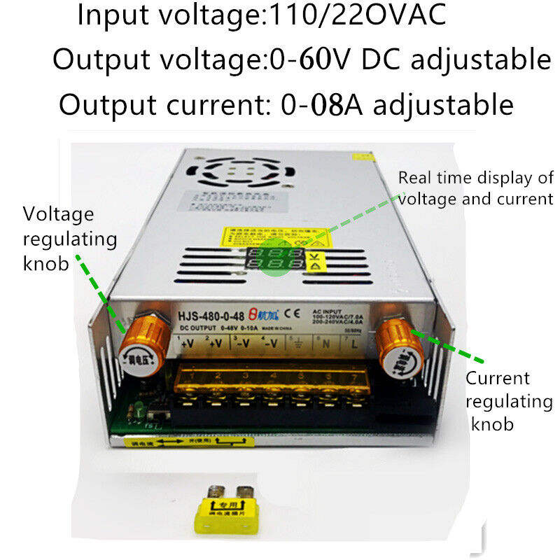 AC110/220 to DC0-60V 8A Knob Switch Adjustable Power Supply Transformer for COB