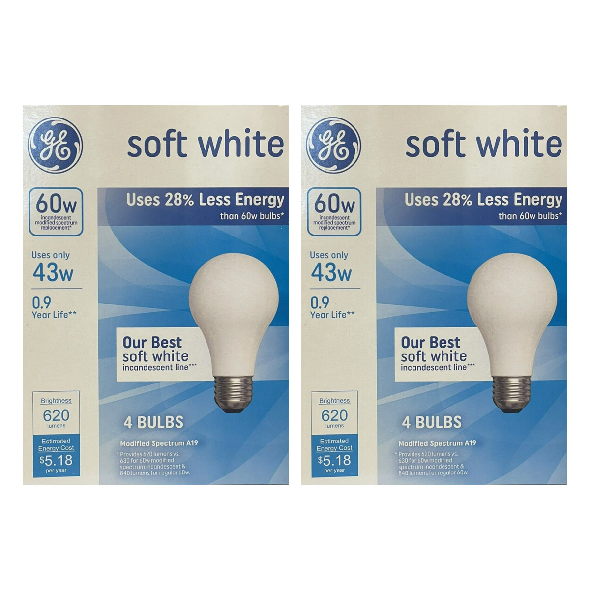 GE 60-Watt A19 Soft White Dimmable 620 Lumens of 8 Basic Bulbs 2-Pack Each 4 Pcs