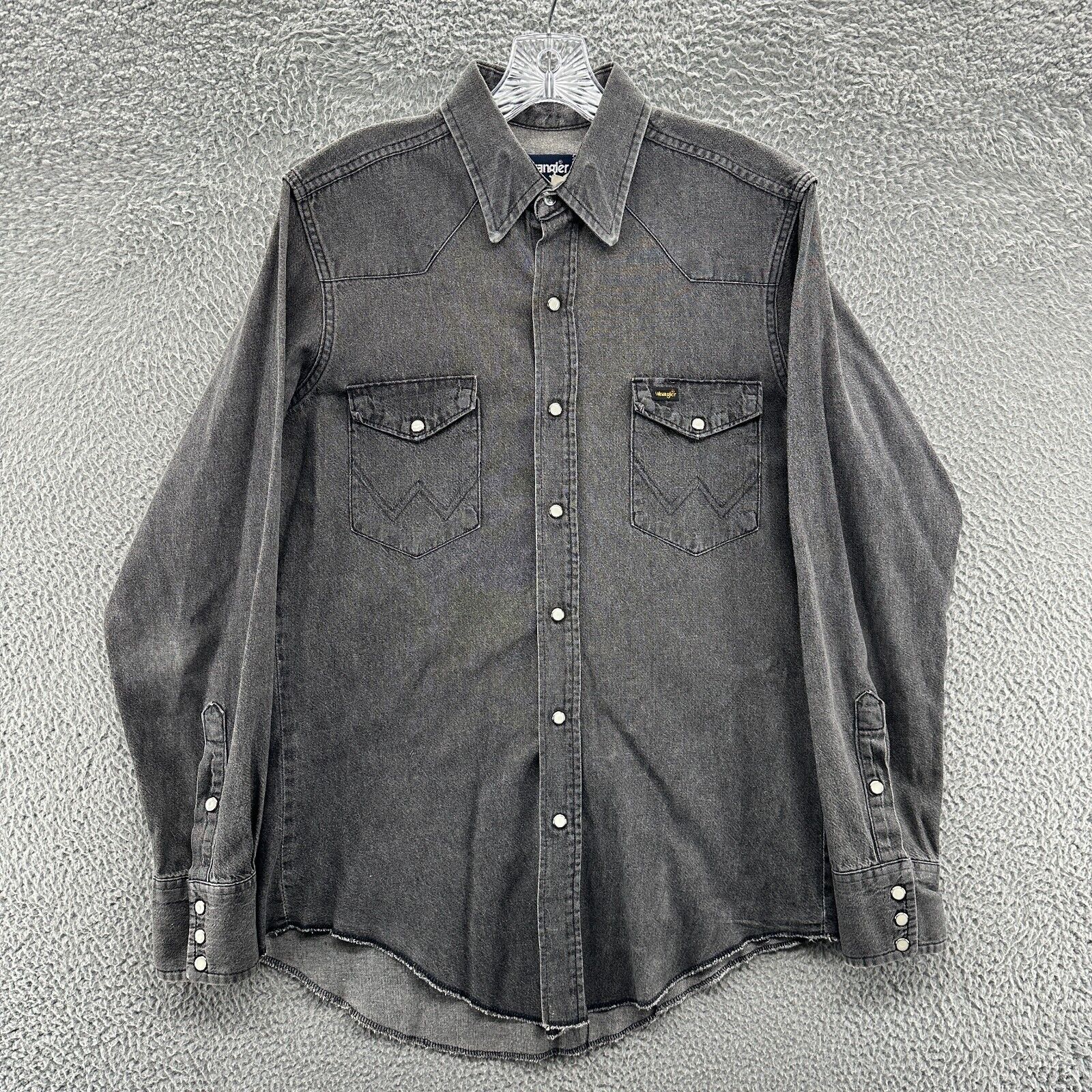 Vintage Wrangler Shirt Mens 15.5 34 Gray Plaid X Long Tails Denim Brushpopper