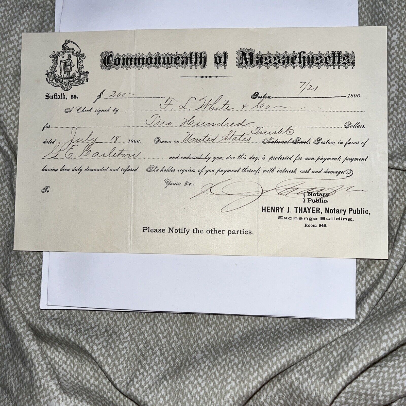 1896 Commonwealth of Massachusetts Demand for Bounced Check Non-Payment - Boston