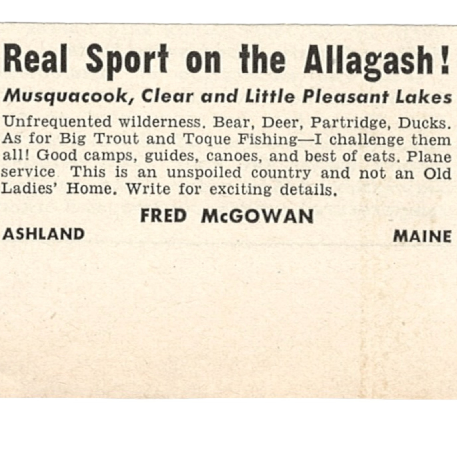 ASHLAND MAINE ALLAGASH RIVER FISHING HUNTING 1940 AD MUSQUACOOK FRED MCGOWAN VTG