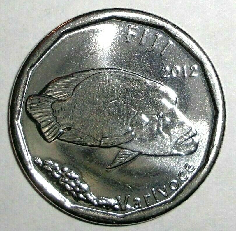 2012 Fiji Coin 50 cents Humpheaded Wrasse Varivoce Fish Outrigger Boat Wildlife