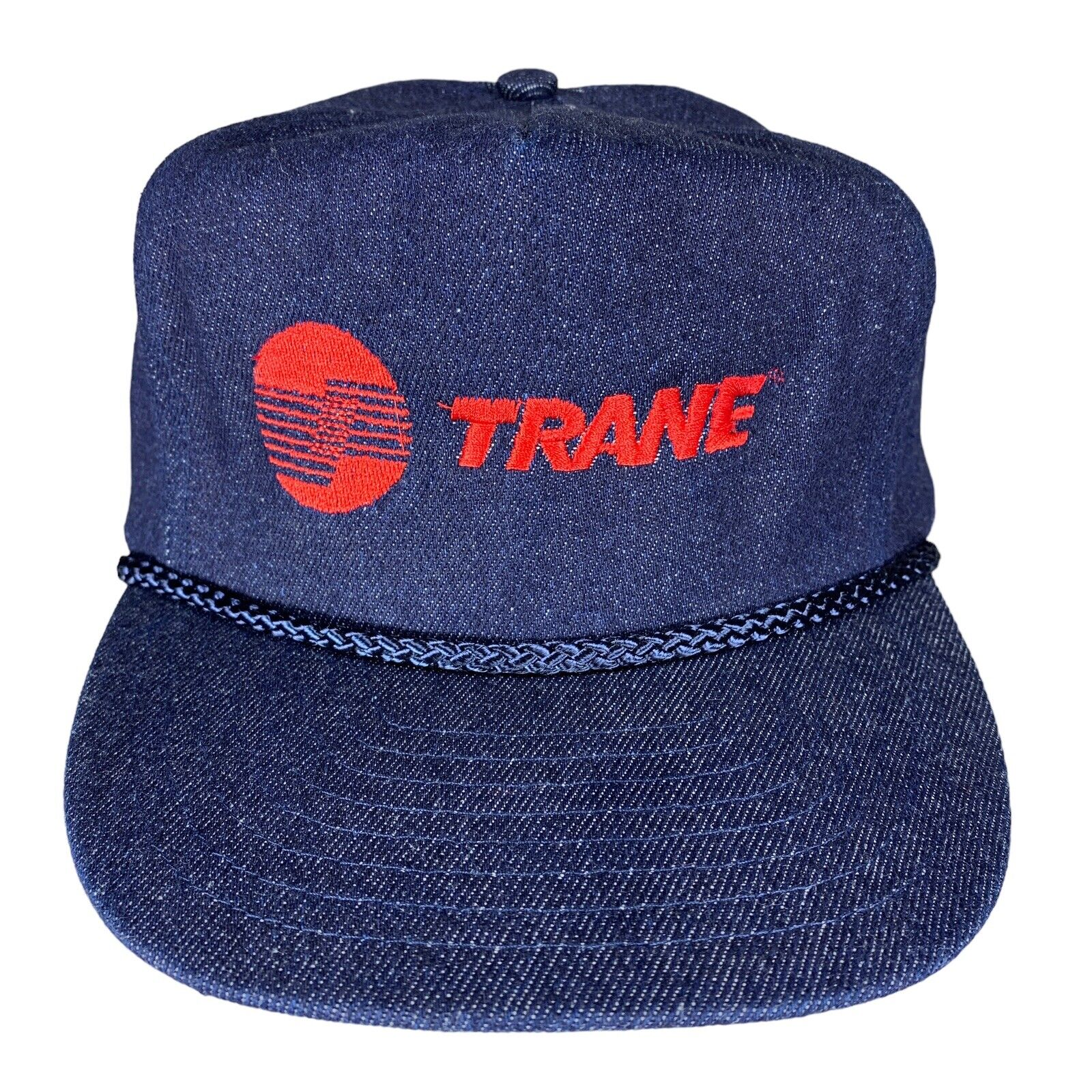 NWOT Vintage Trane HVAC Truckers Hat Cap Snap Back Braid Rope Blue Denim Nissin