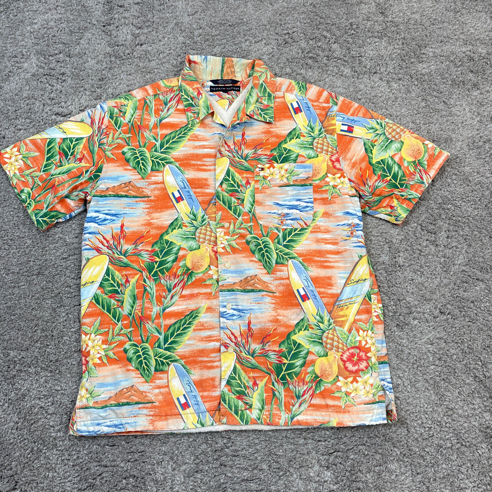 VINTAGE 50s 60s Style Hawaiian Cabana Terry Cloth Lined Beach Towel Shirt Large