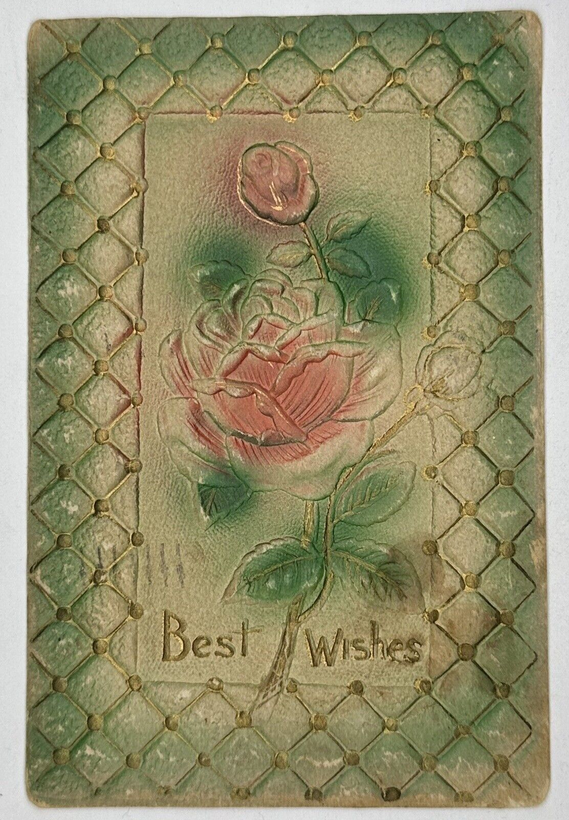 Antique 1915 Best Wishes Postcard W/ Embossed 💐Pink Roses💐 