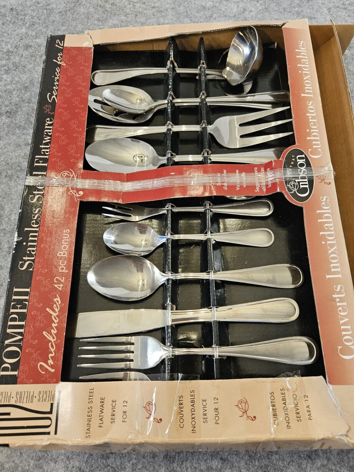 Gibson New Old Stock 2001 Pompeii Flatware Set 102 Pieces Stainless Steel In Box