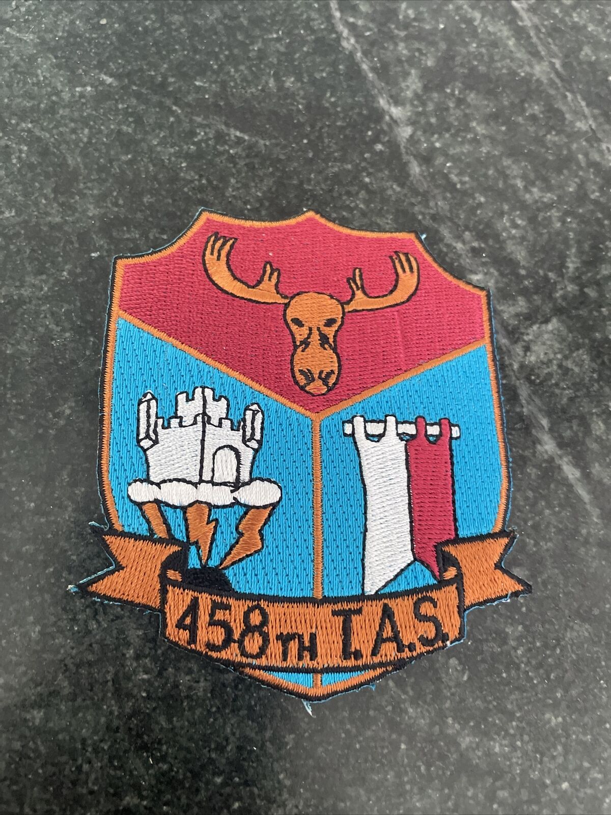 458th TAS Tactical Airlift Squadron Iron On Patch Castle Moose Logo Rare USAF