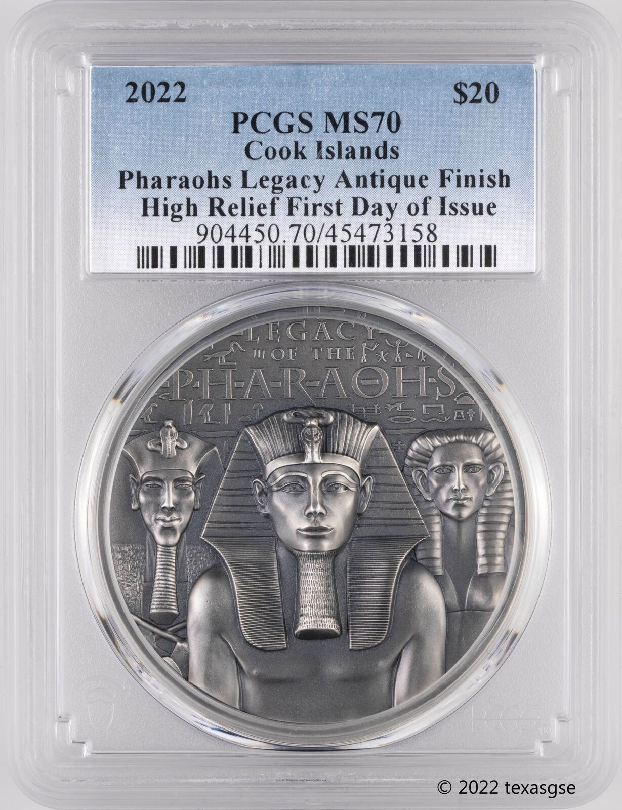 2022 Cook Islands 3oz HR Antique Silver Legacy of the Pharaohs FDI - PCGS MS70