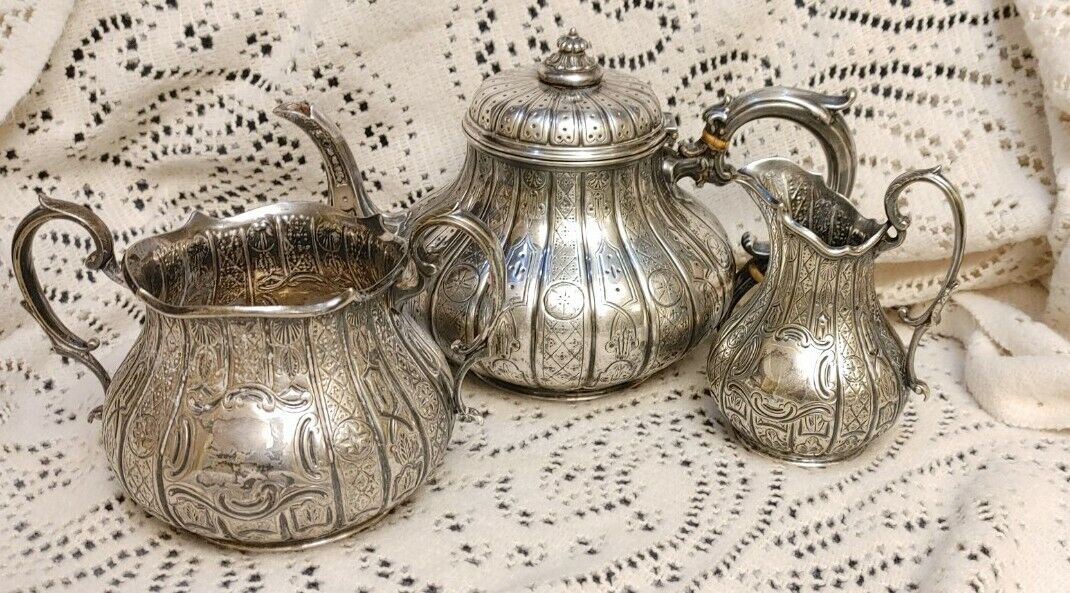 Victorian silver Martin Hall & Co Creamer Sugar with  E&Co teapot mid 1800\'s 