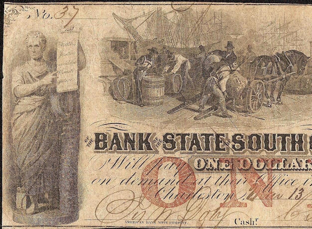 1861 $1 MOST PICKED RANDOM NUMBER 37 SOUTH CAROLINA BANK NOTE LARGE PAPER MONEY