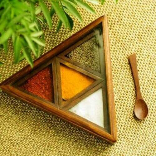 Kitchen Wooden Jars Spice Container Box with Spoon Masala Kitchen & Bar