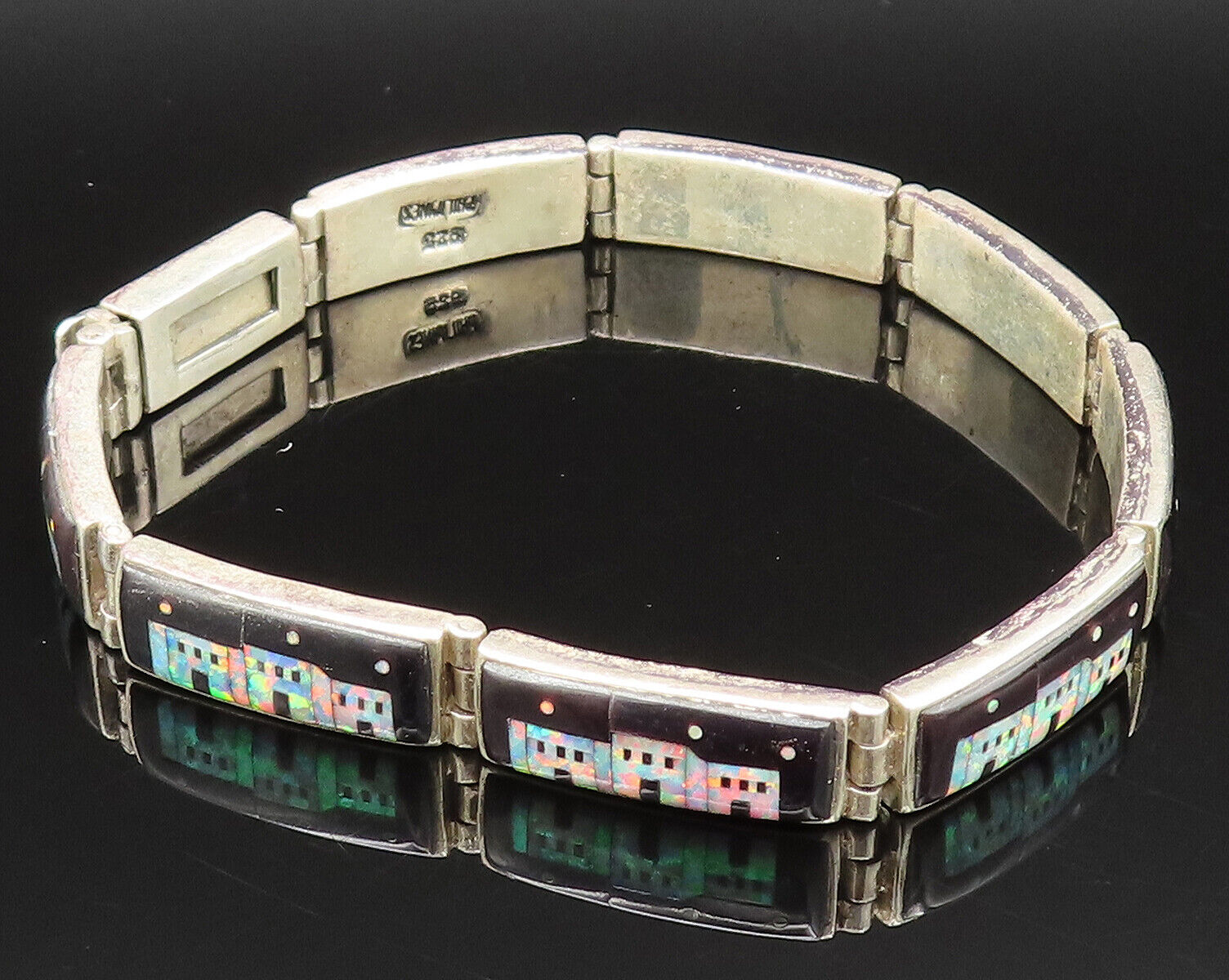 925 Silver - Vintage Fire Opal & Black Onyx Mosaic Scenery Bracelet - BT9526