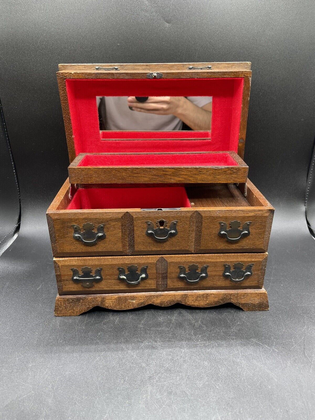 Vintage Schmid Wooden Jewelry Music Box Mini Antique Style Dresser Japan