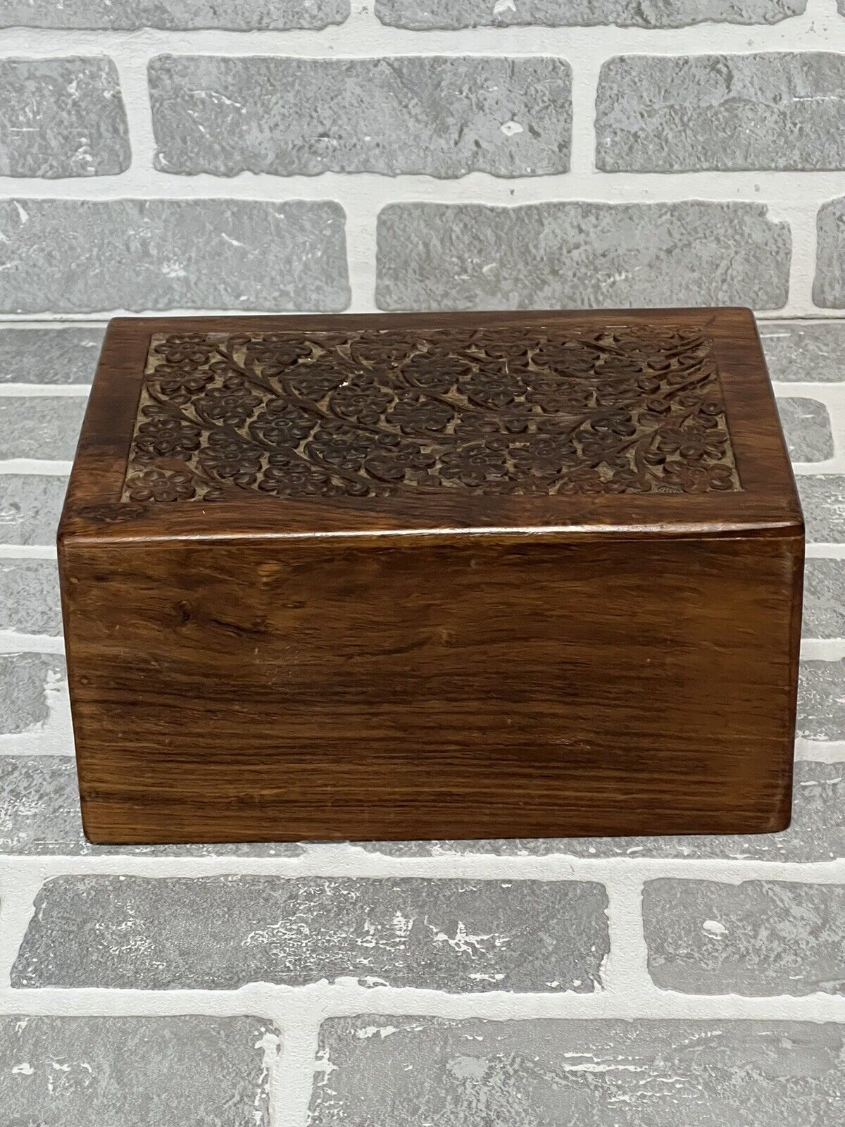 Wood Box Floral Carved Top Bottom Opening