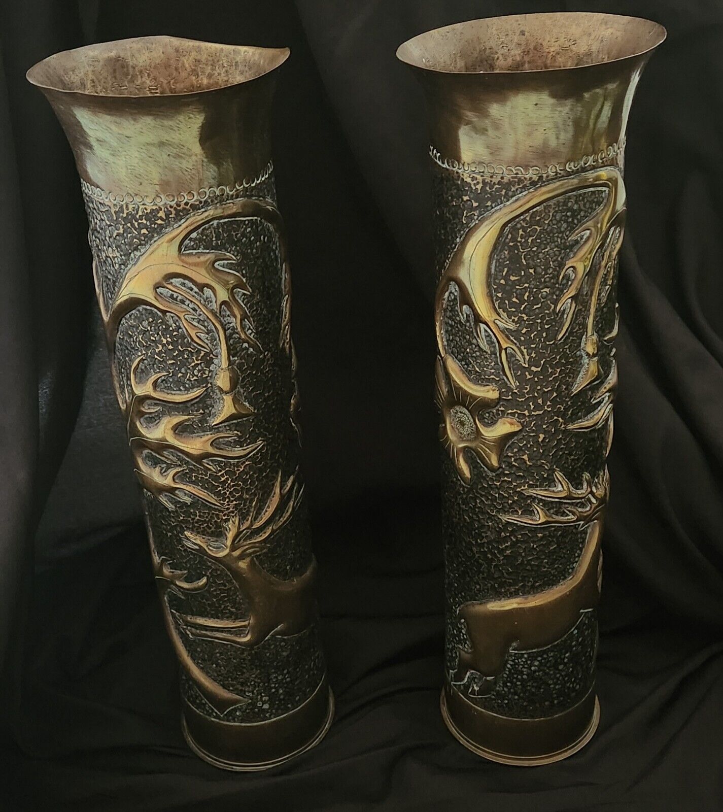 Matching Pair WWI WW1 Trench Art French 75mm Shells With Deer And Antler Pattern