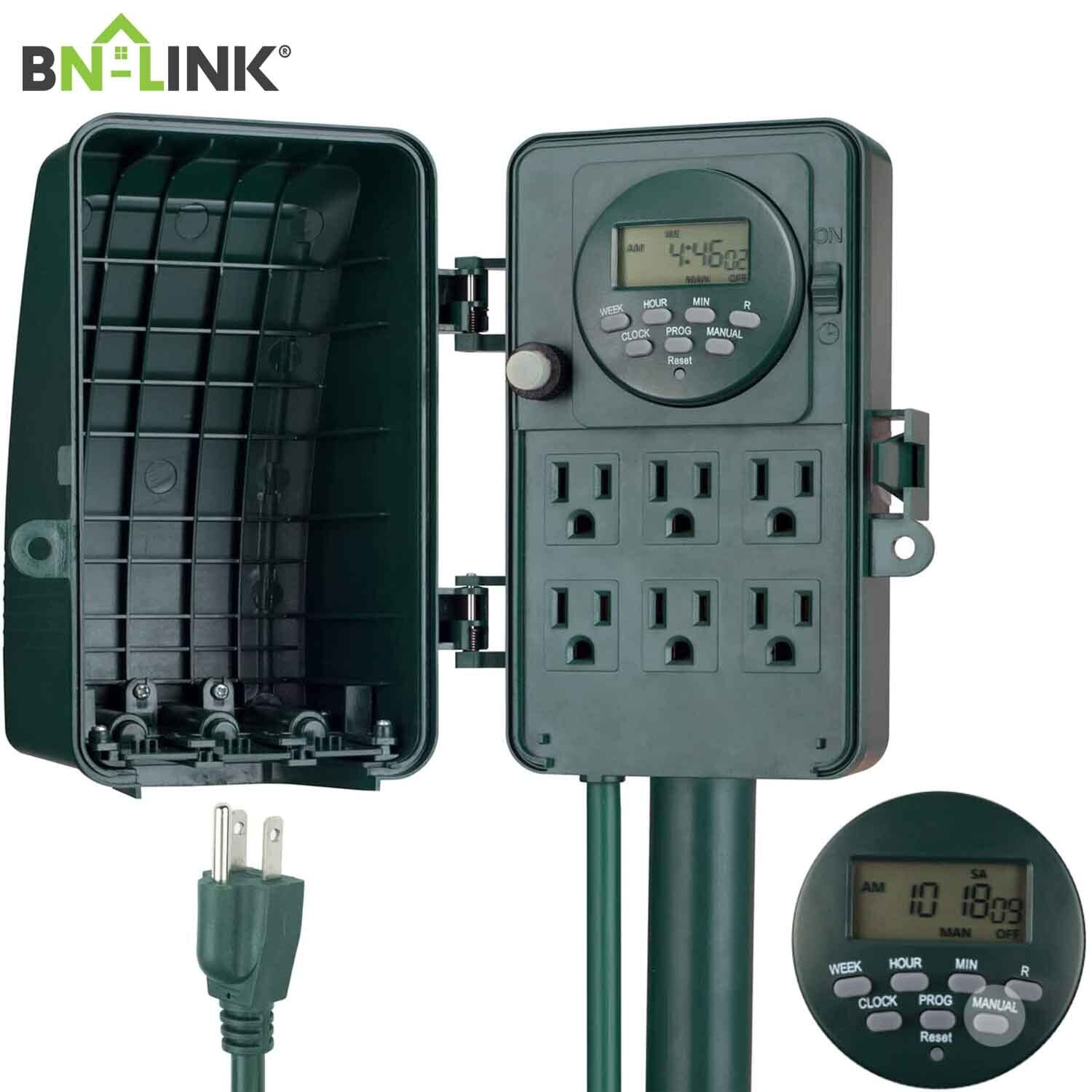 BN-LINK 7 Day Heavy Duty Outdoor Digital Stake Timer, 6 Outlets, Weatherproof