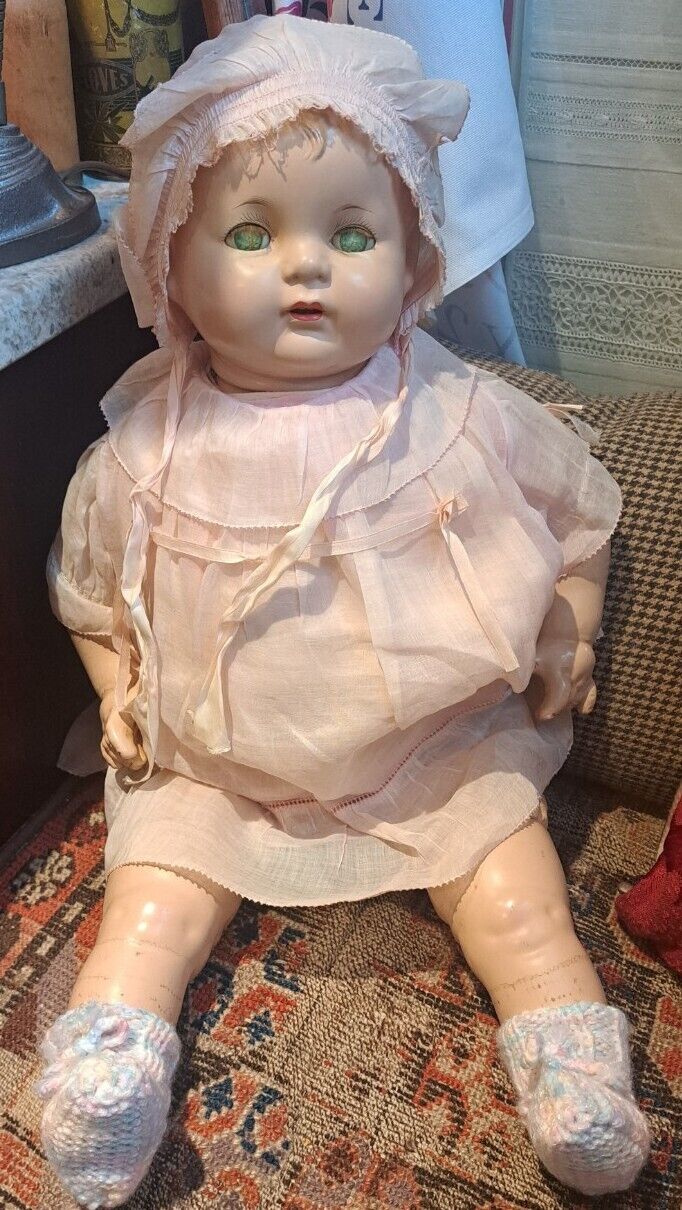 Vintage Effanbee 22” Composition Cloth Body Sugar Baby Doll Green Sleepy Eyes