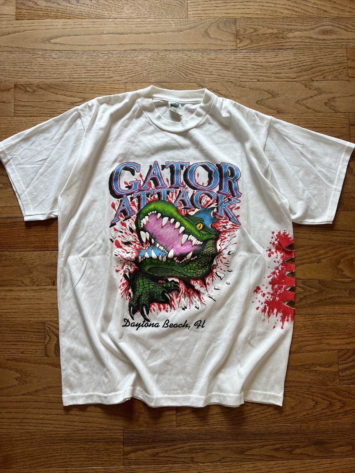 Vintage Gator Attack Shirt XL Double Sided 90s Tourist Daytona Beach FL Rare GUC