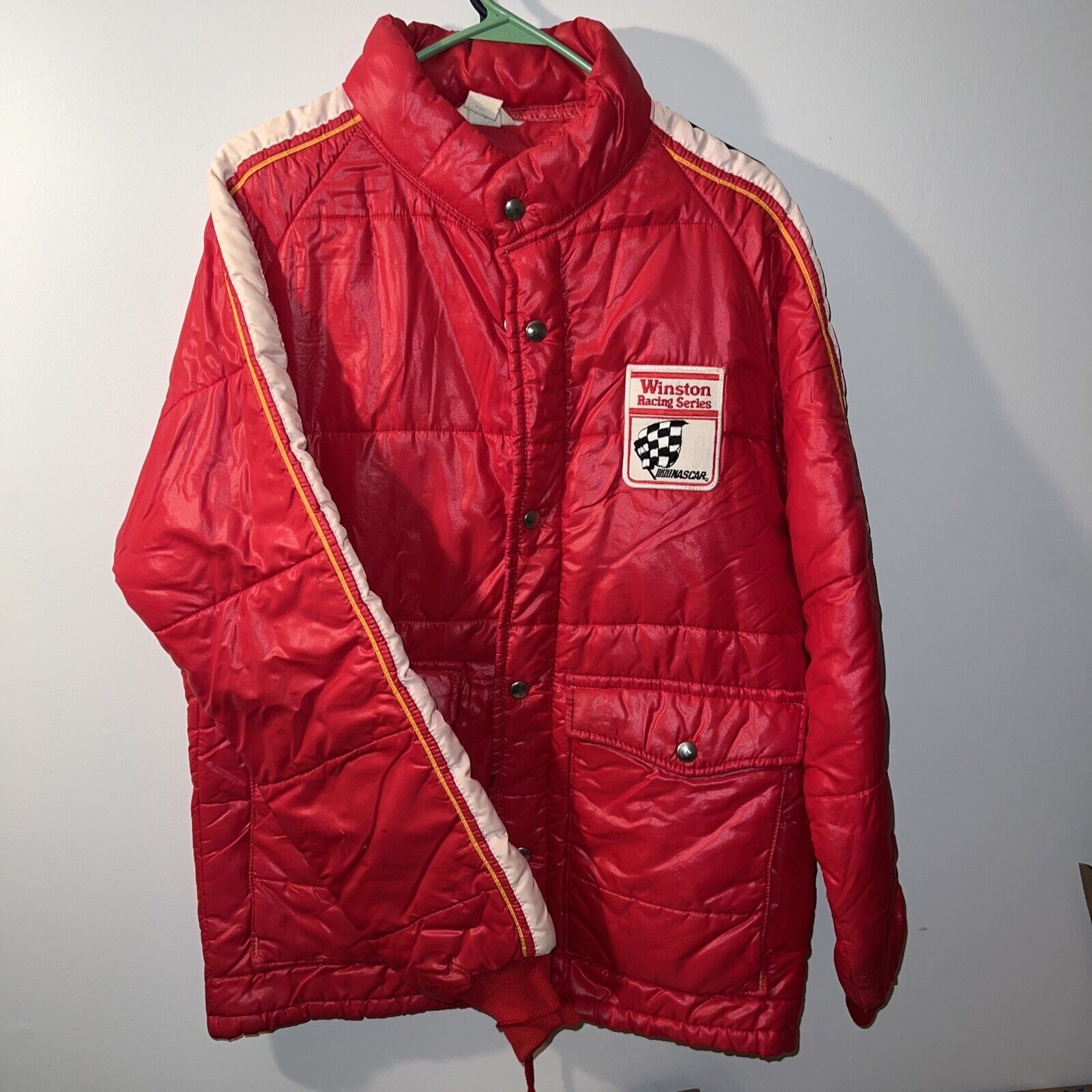 Vintage NASCAR Red Puffer Jacket 70s 80s Winston Racing Series Shiny Winter Coat