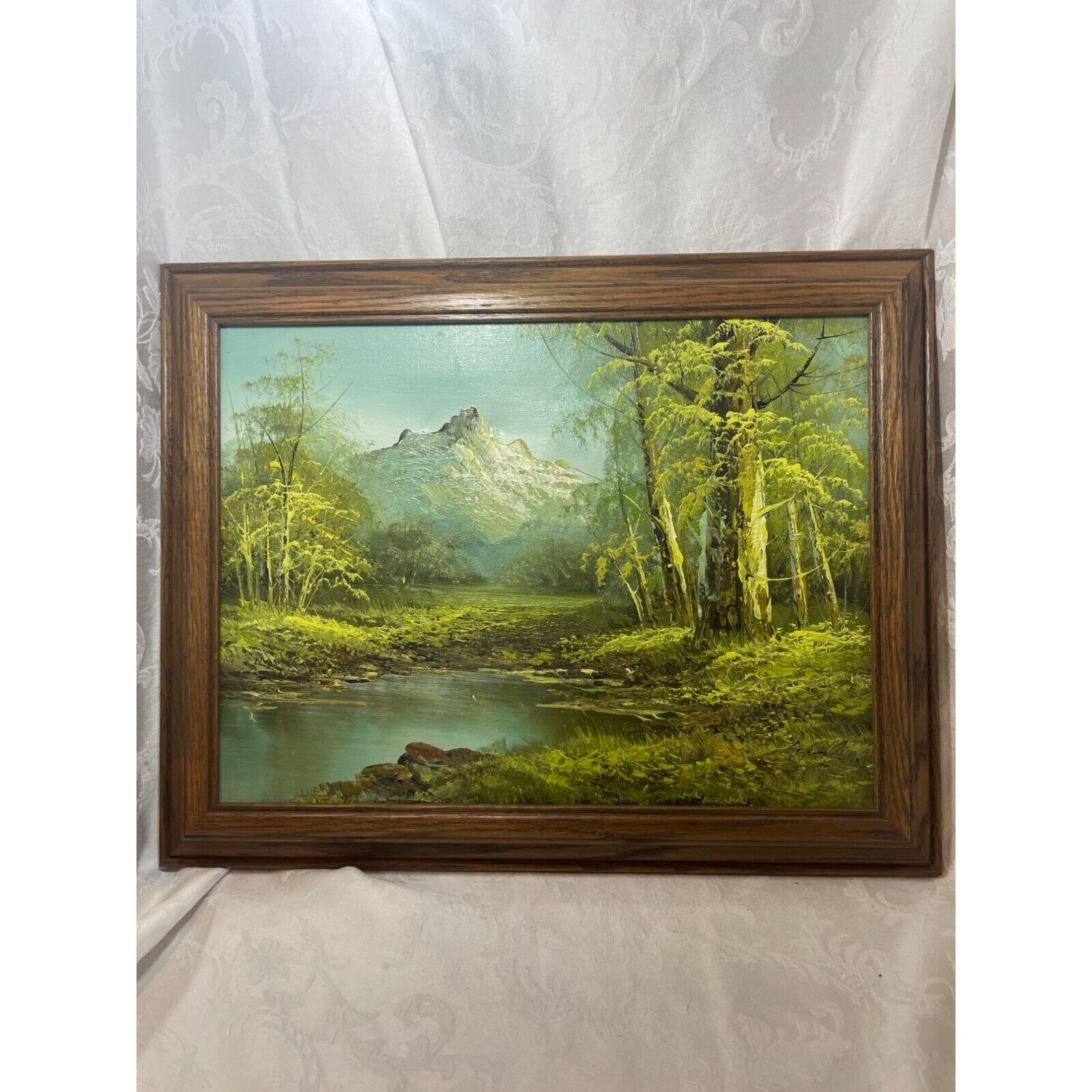 Original Oil Painting Signed Beautiful Scenic Woods River Mountain Scene