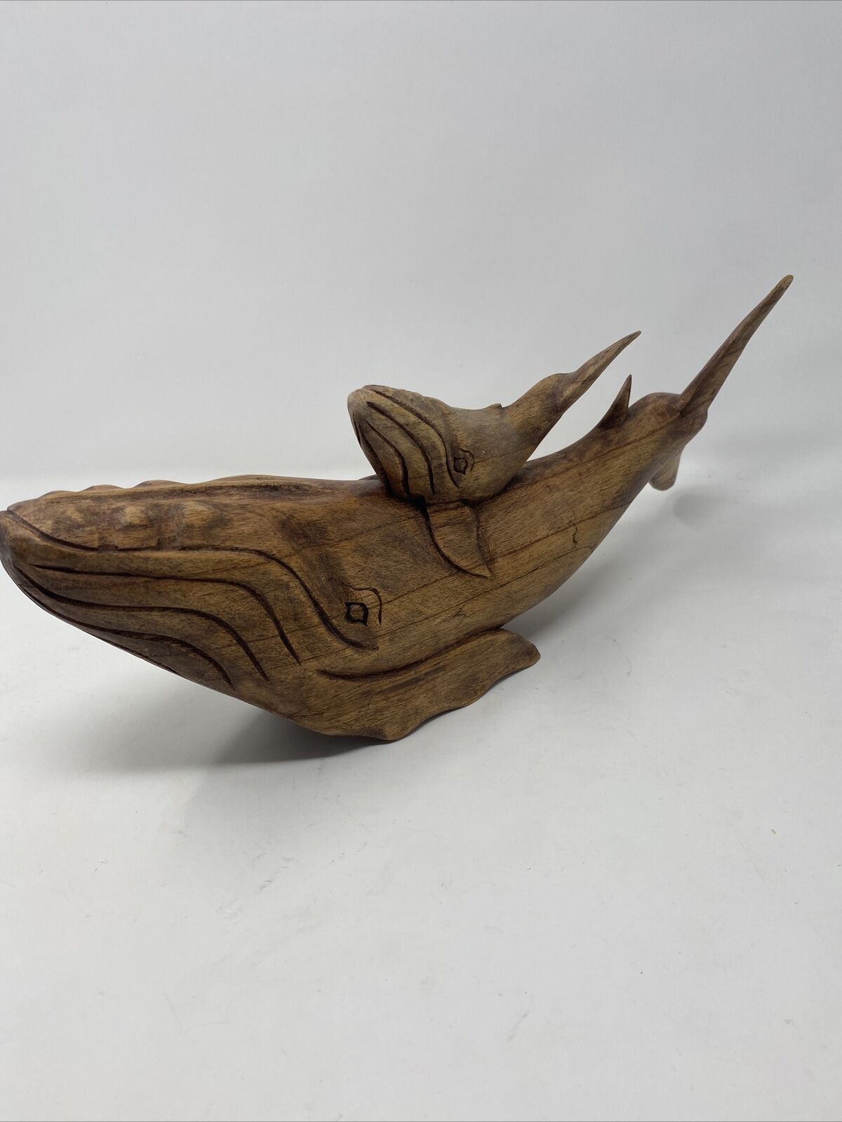 Vintage Hand Carved Hardwood Humpback Whale Pair Solid Wood