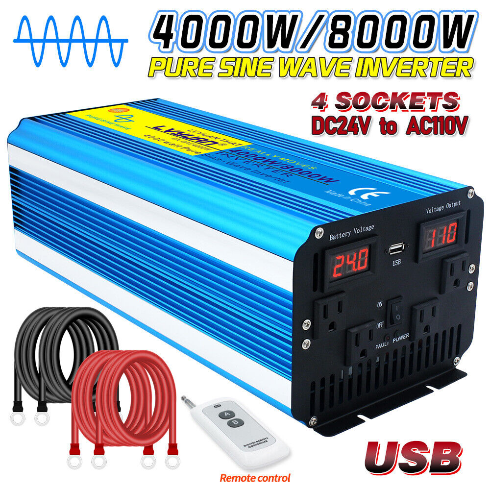Truck 4000W 8000W Pure Sine Wave Power Inverter 24V to 120V Remote Control USB