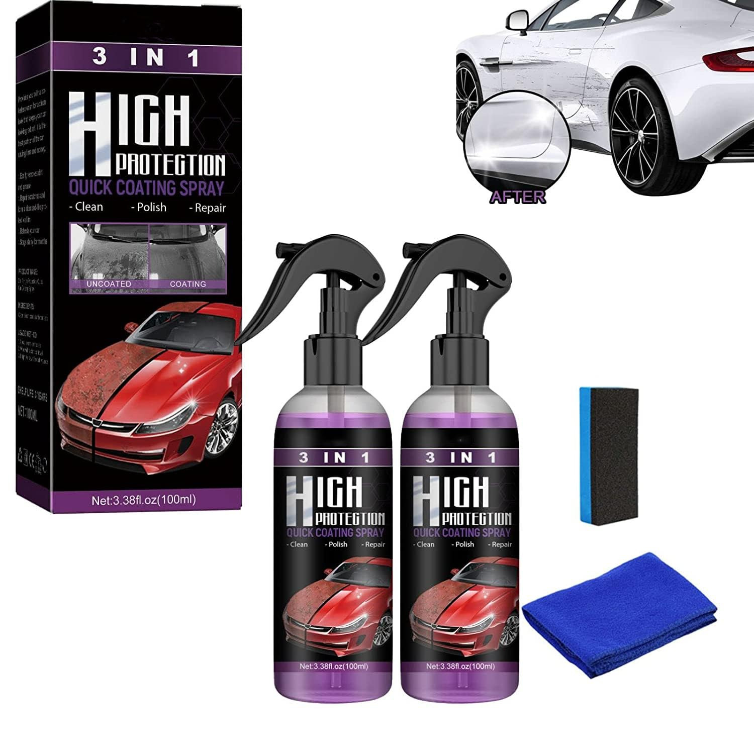 2PCS 3 in 1 High Protection Quick Coating Spray, Fast Fine Scratch Repair, Fast 