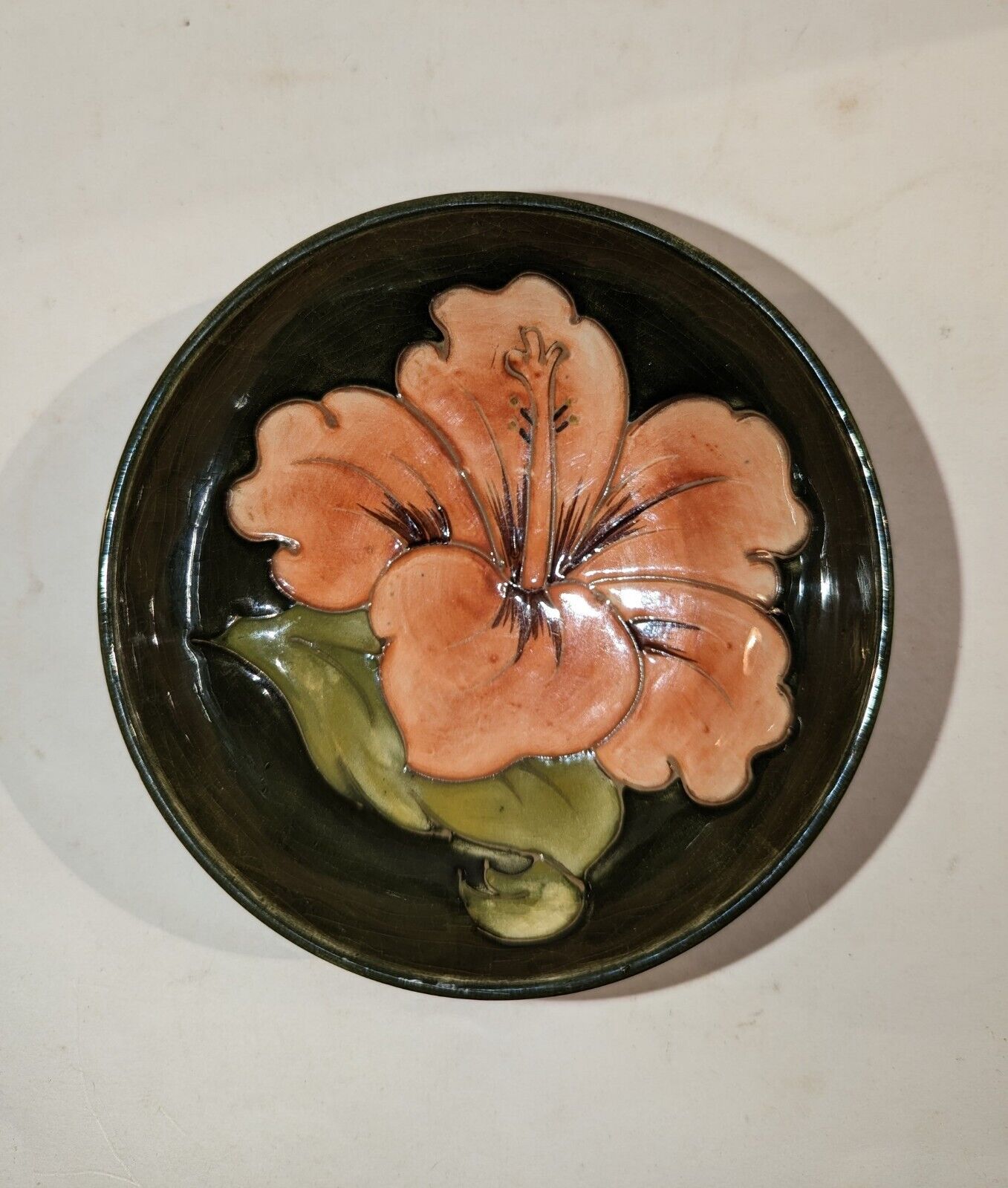 Moorcroft Pink Hibiscus Pedestal Green Bowl 4 1/2 inch 