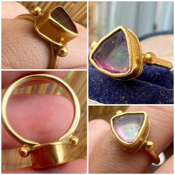 Extremely rare SOLID 22K GOLD genuine watermelon tourmaline  slice ring