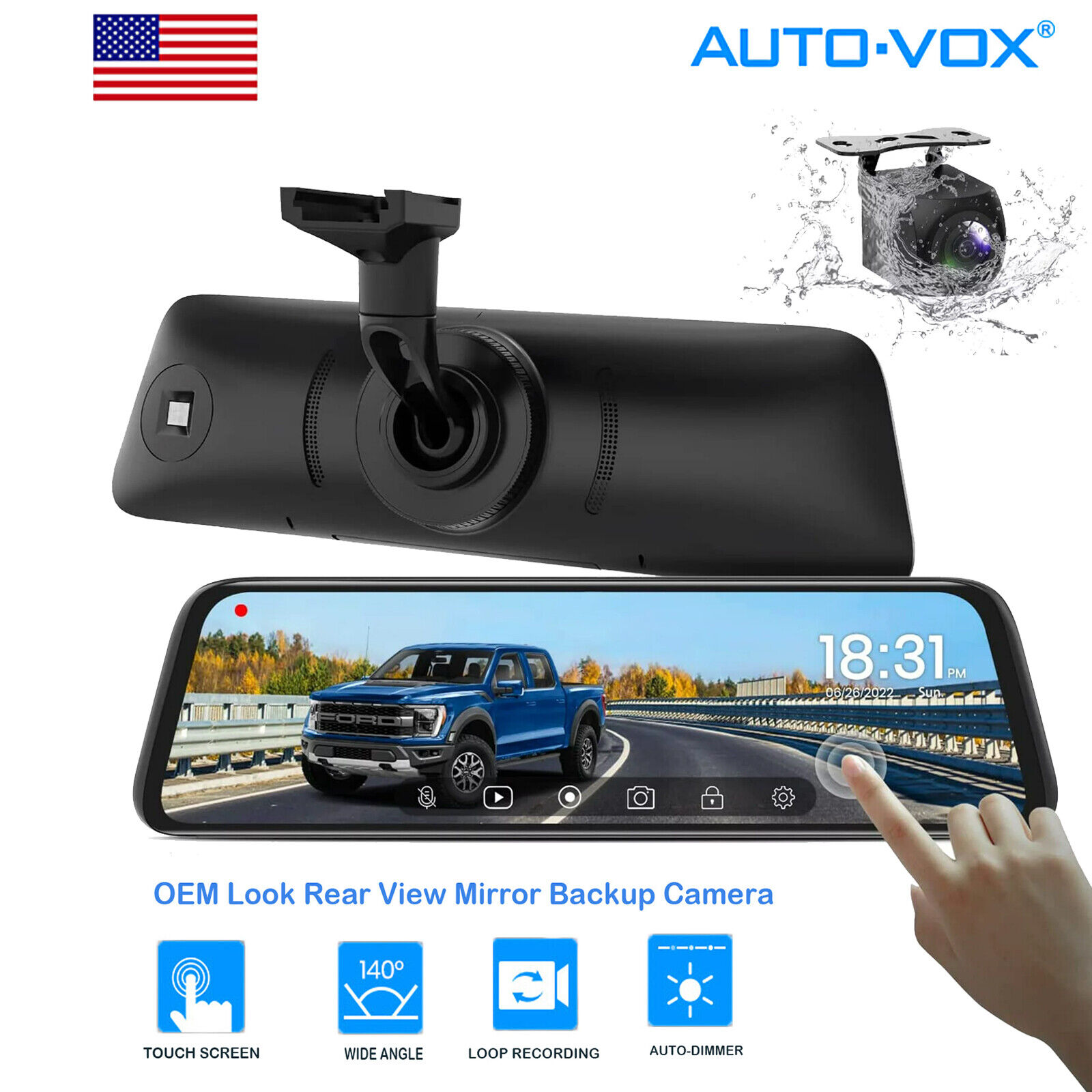 AUTO-VOX Rear View Mirror Monitor Touch Screen Backup Camera HD Car Recorder T9