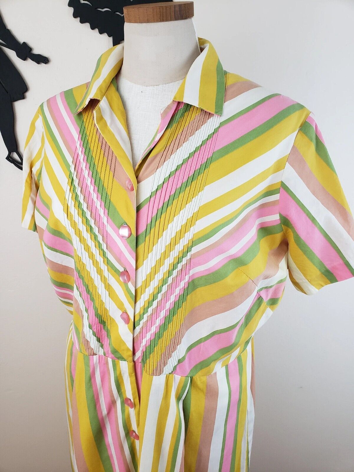 Vintage 1950s Plus Size VOLUP Pink Green Yellow Striped Dress 1960s 2X 3X Pinup 