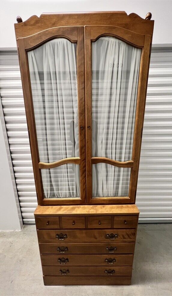 RARE ETHAN ALLEN HEIRLOOM MAPLE 2-PIECE CHEST & HUTCH WITH GLASS DOORS VINTAGE