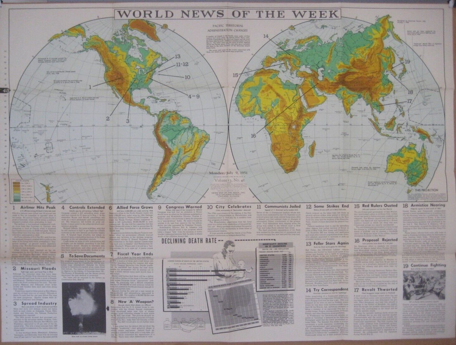 1951 COLD WAR World News Map Poster A-Bomb Test Korea Iran Oil Red Rulers Ousted