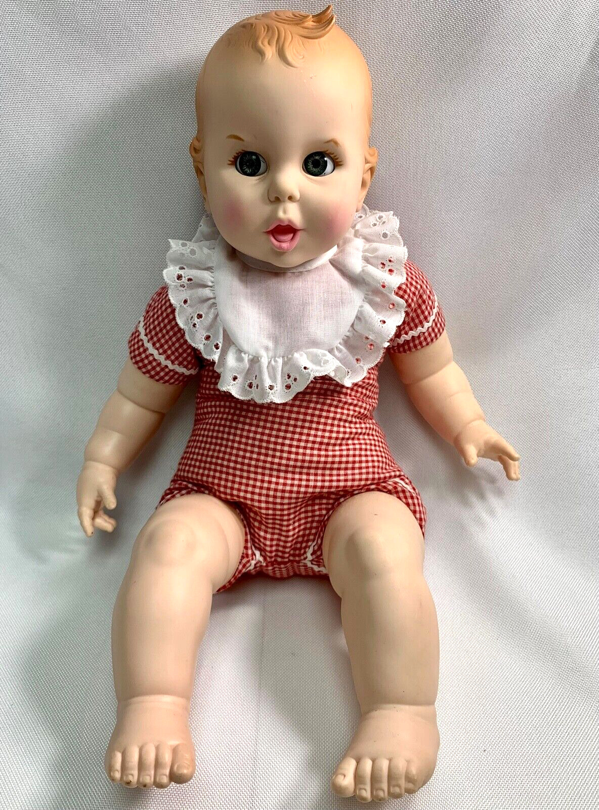 Vtg.  1970 Gerber Products Baby Doll Plush Red Gingham Body 16” Moving Eyes Nice