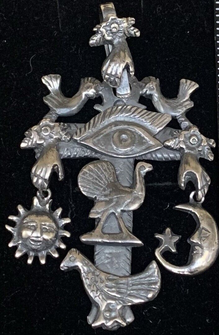 Mexican Oaxacan Sterling Silver bird eye hand sun moon Milagros Cross Pendant