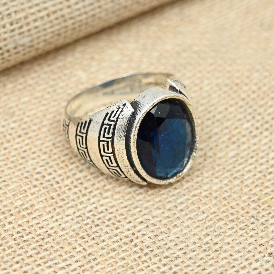 Indian Blue sapphire Ring Solid 925 Sterling Silver Men\'s Ring All Size R171