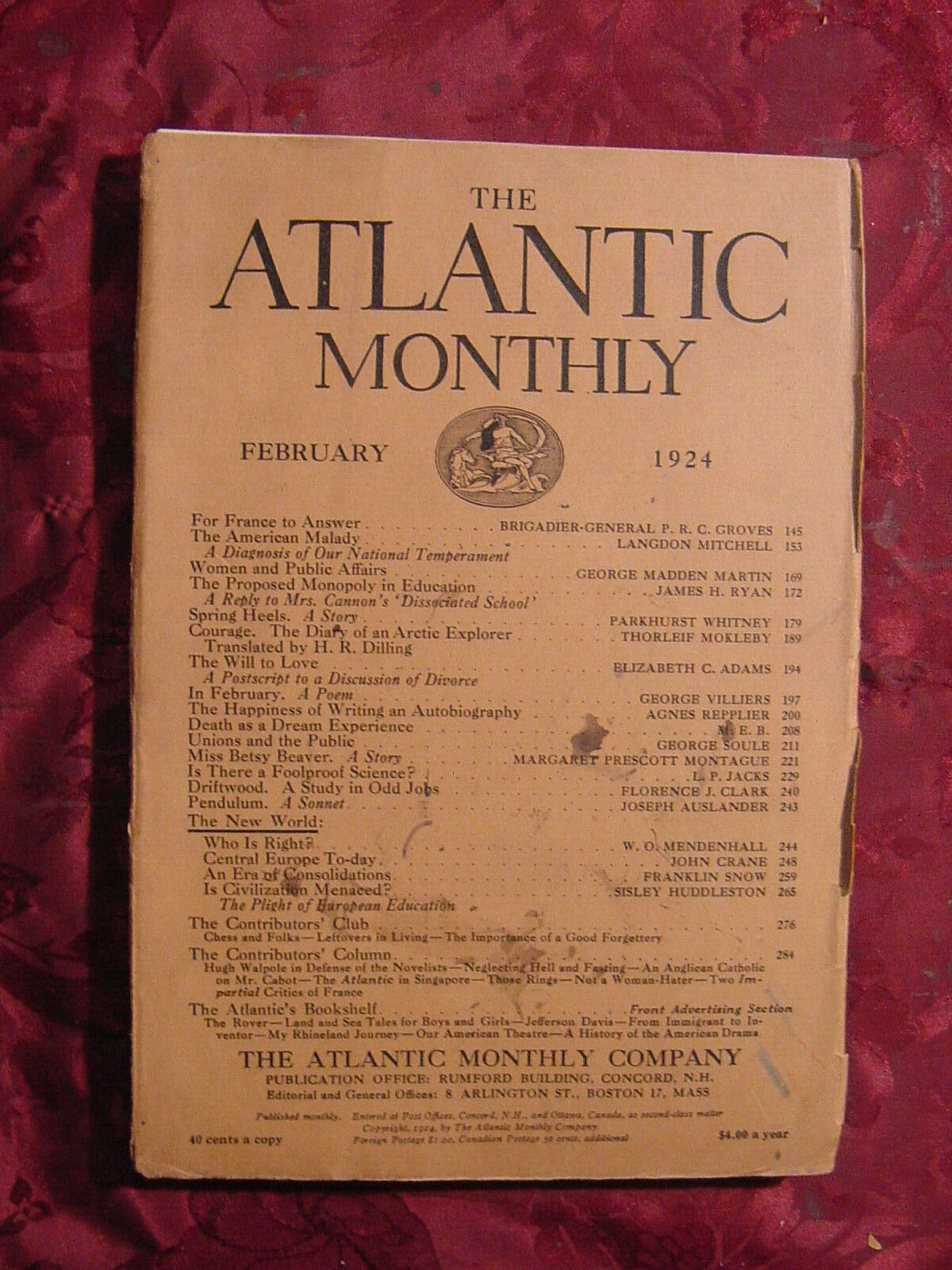 ATLANTIC Magazine February 1924 Agnes Reppelier Parkhurst Whitney P H C Groves