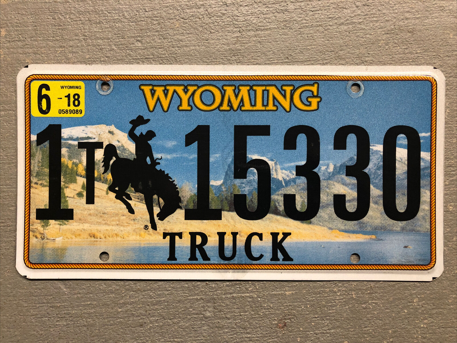 WYOMING LICENSE PLATE BUCKING BRONCO/ MOUNTAINS RANDOM LETTERS/NUMBERS TRUCK