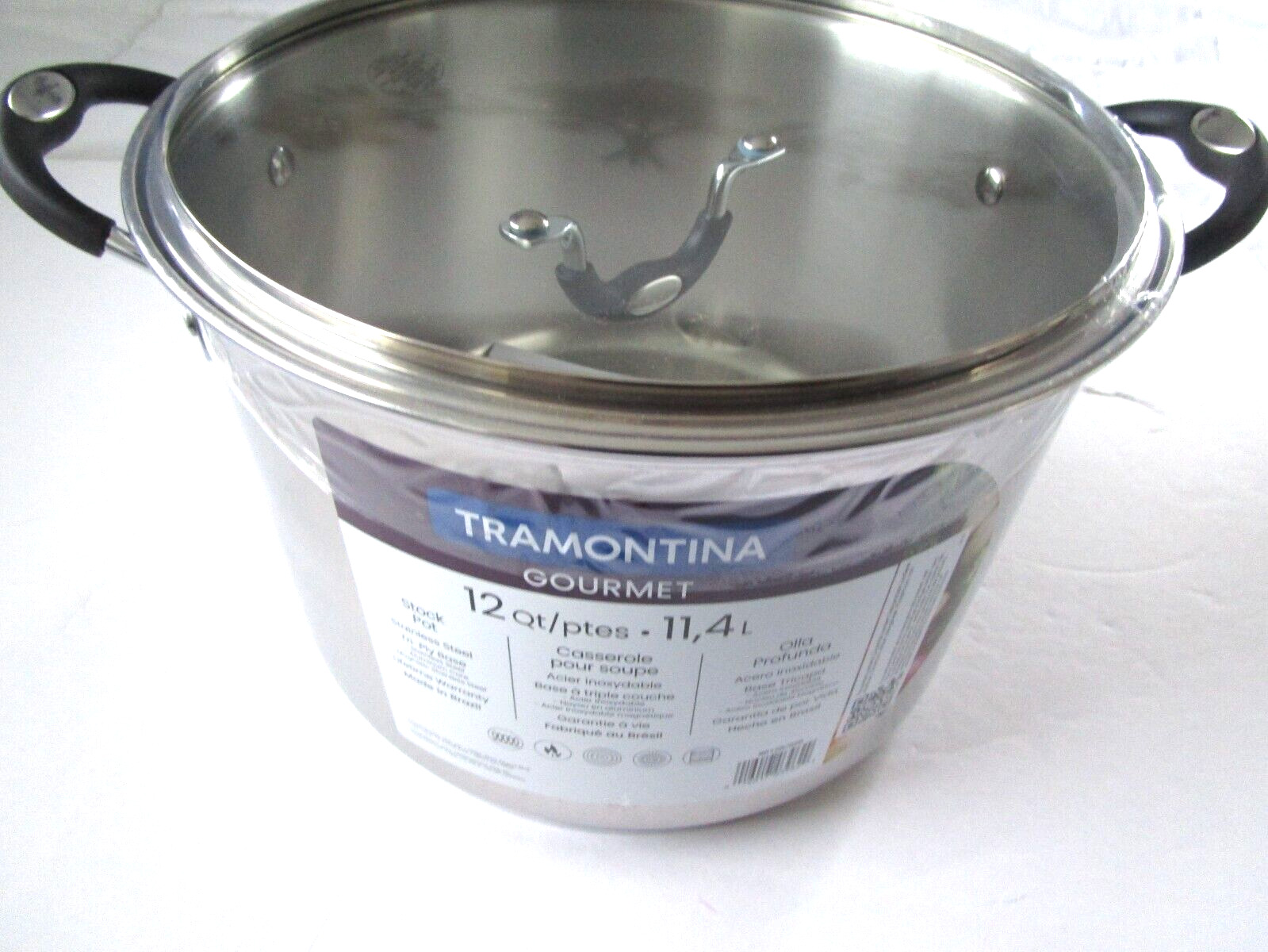 Tramontina 12 Quart Tri-Ply Base Stainless Steel Stock Pot W/Lid Cool Grip Handl