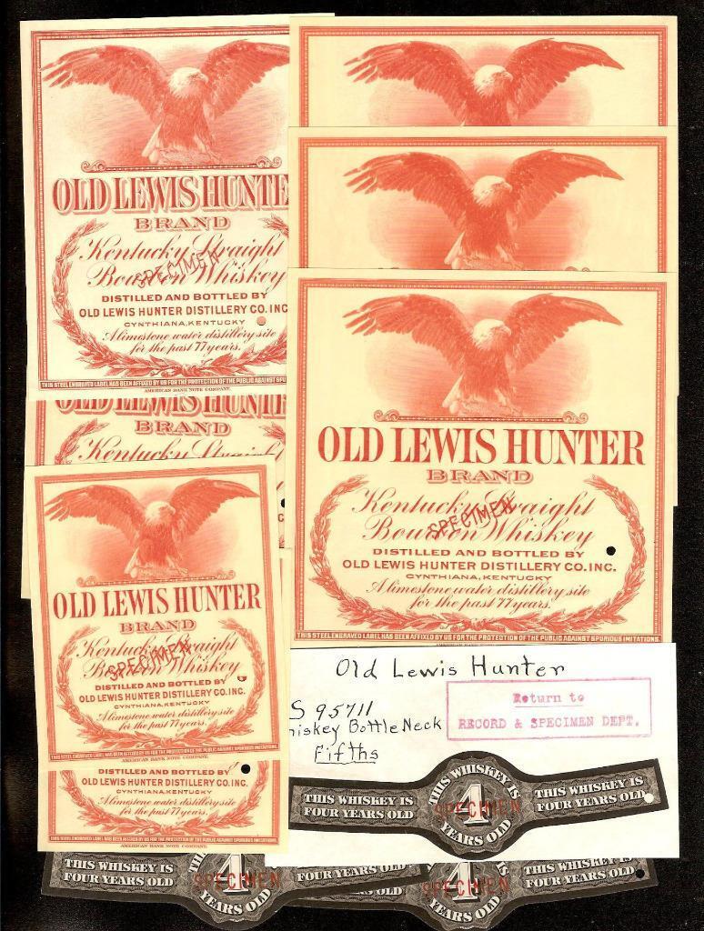 10 PC OLD LEWIS HUNTER KENTUCKY BOURBON WHISKY SPECIMEN LABEL COLLECTION
