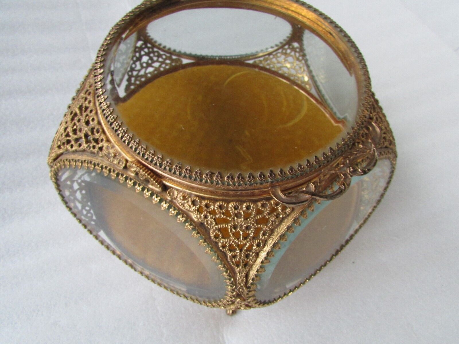 Antique/Vintage French Beveled Glass Gold Gilt Filigree Ormolu Jewelry Box