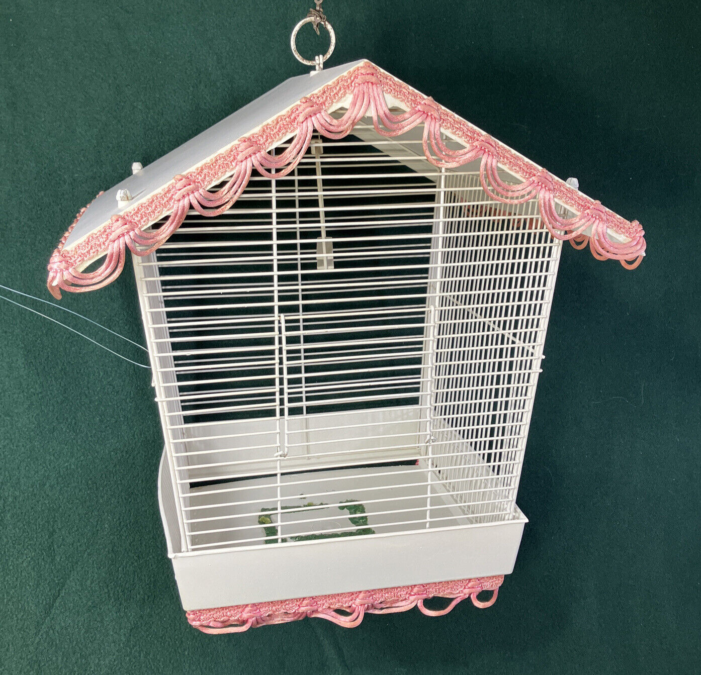 Vintage 15x15x14.5” Metal Pagoda Mid-Century White Bird Cage with Pink Fringe