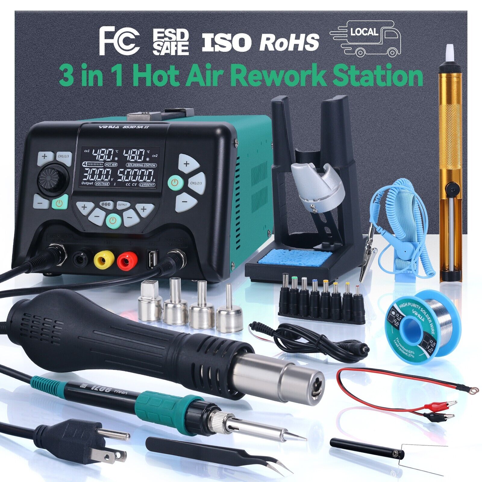 YIHUA 853D 5A-II 30V 5A  Hot Air Rework Desoldering  Soldering Iron Station
