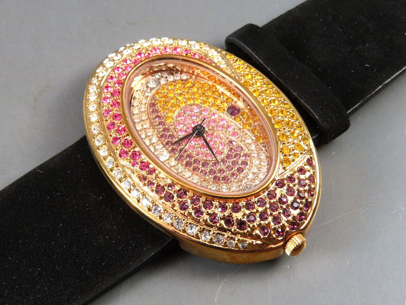 NEW NOS VTG Suzanne Somers PAVE CRYSTAL WRIST WATCH Black Suede PINK ROSE GOLD