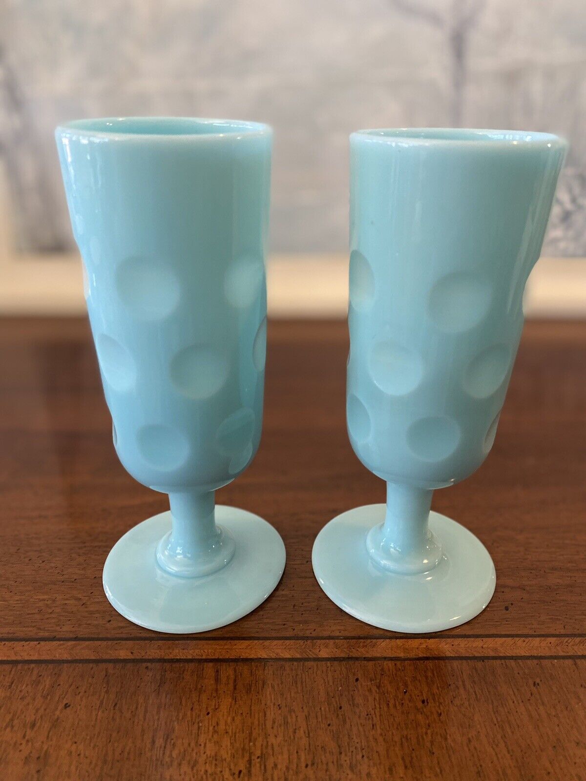 2 Coinspot Portieux Vallerysthal PV France Blue Opaline Coin Dot 6 3/4” Goblets